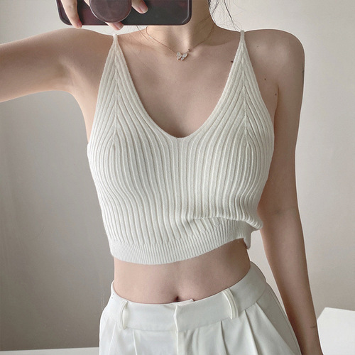 White Knit Strappy Bralette for Women, Early Spring Inner Layer Base Shirt, Slimming and Sensual Deep V-Neck Top, Spring Outerwear