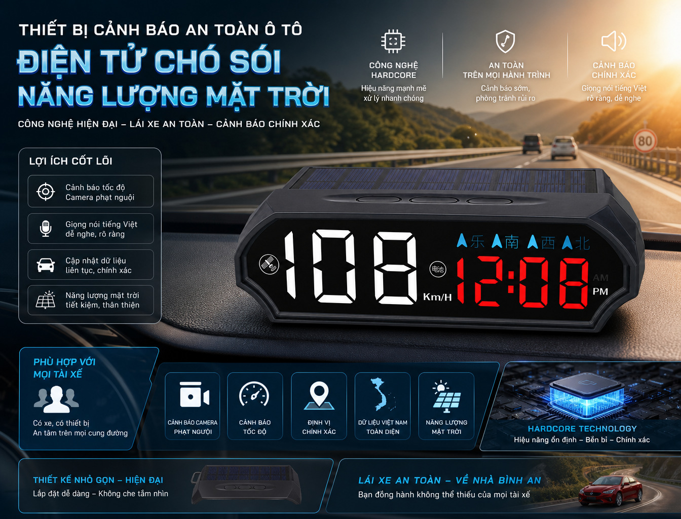Vietnamese Car Speed Solar-Powered Voice HUD Head-Up Display Electronic Dog Safety Warning Device