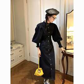 春季新款法式高冷御姐风感茶歇长袖连衣裙小个子牛仔裙女