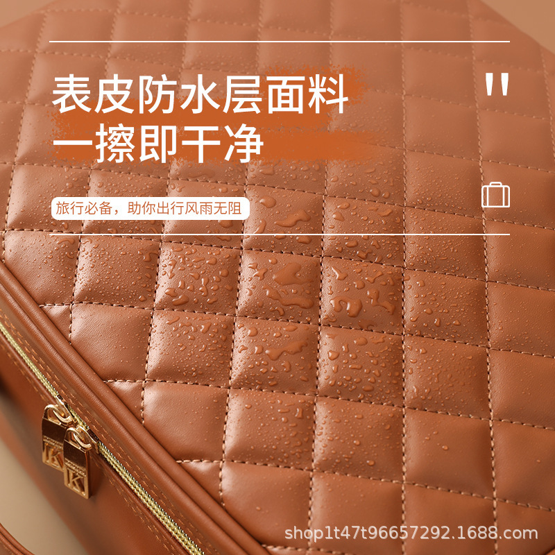 化妆包带LED灯镜子大容量化妆师专用可拆卸易清洁菱格pu皮化妆箱|undefined