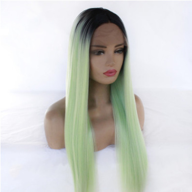 El comercio exterior antes de la peluca de encaje de moda europea y americana gradiente blanco mezcla verde largo recto fibra química tejido medio mano LW0156