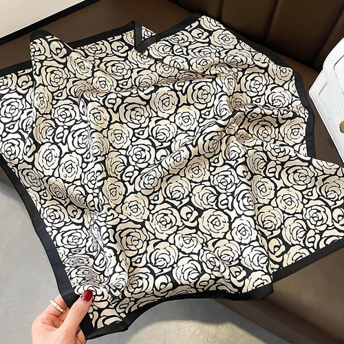 Camellia black and white 100% mulberry silk scarf for women spring and autumn new decoration with 70*70cm scarf shawl