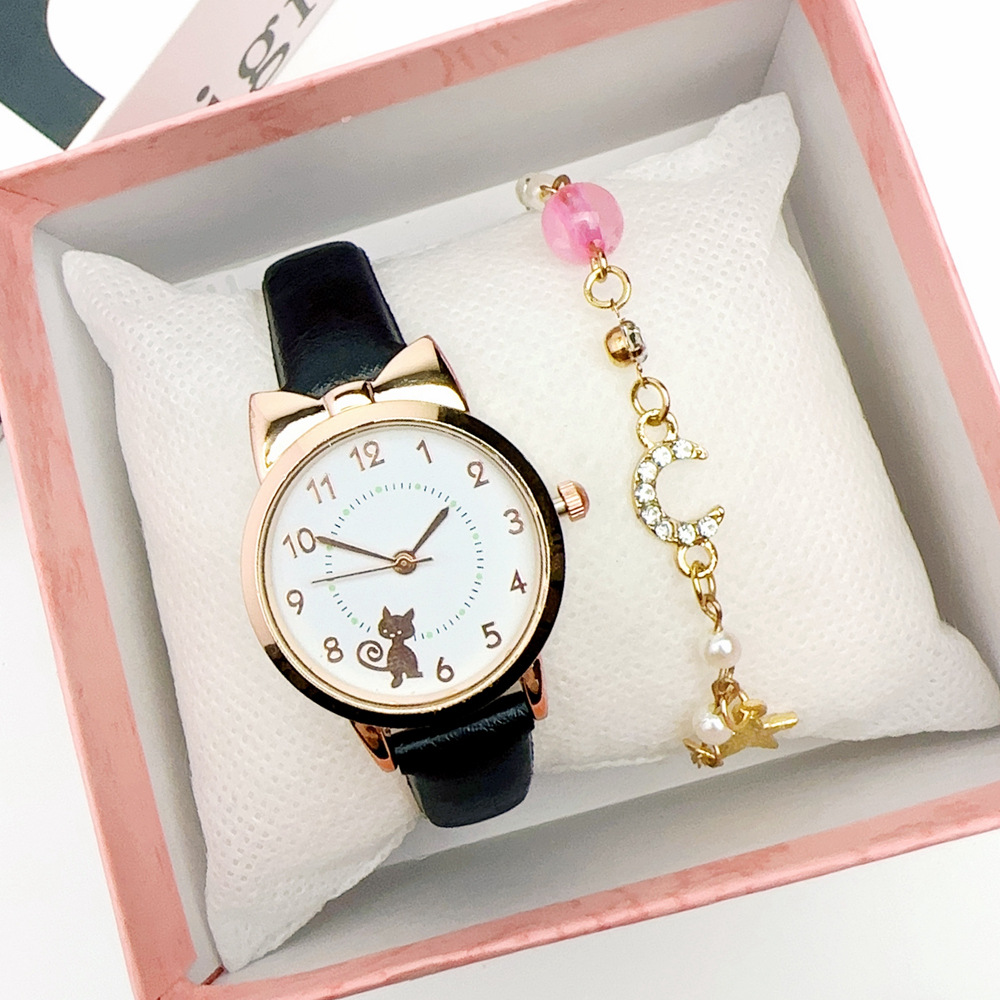 Jauns Instagram sieviešu, svaigs un jauks kaķu studentu kvarca pulksteņa rokassprādzes komplekts ar mēness_voghion.com