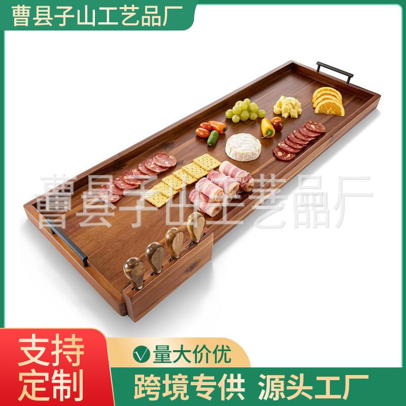 Acacia madera bandeja de queso con cuchillo conjunto de platos de cocina rectangulares con mango bandeja de comedor regalo de vivienda