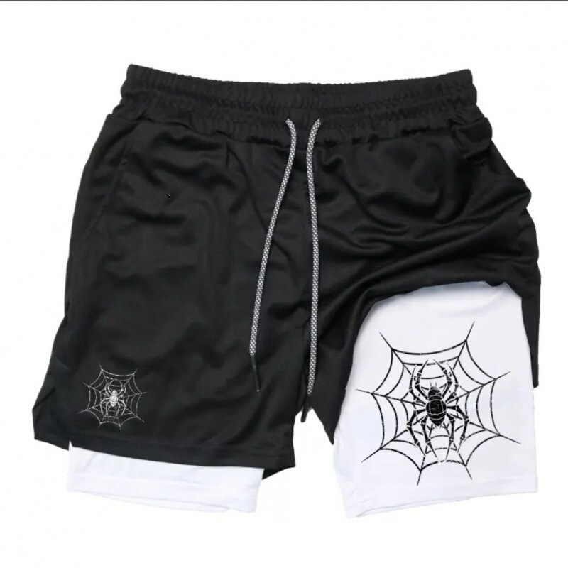 Cross-border American streetwear Y2K dark style spider print men's double-layer shorts for fitness, running, and casual wear Cross-border American streetwear Y2K dark style spider print men's double-layer shorts for fitness, running, and casual wear