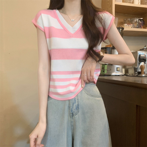 Women's Summer Thin V-Neck Knit Short Sleeve Top with Striped Design, Outerwear, Fitted and Slimming