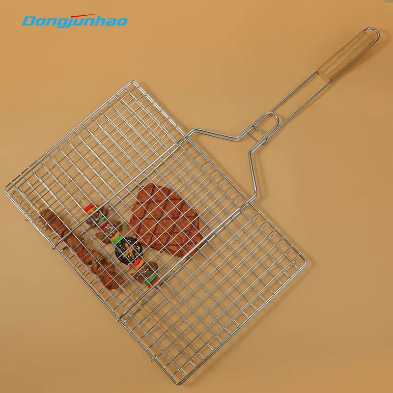加工定制BBQ户外方形电镀木柄六汉堡烧烤架烧烤网烧烤夹烤肉架