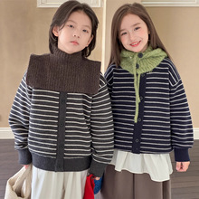 2025冬季新款韩版儿童假两件加厚毛衣男女童条纹厚实保暖毛衣内搭