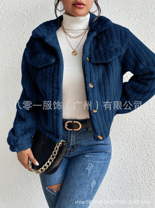 跨境速卖通秋冬毛绒夹克翻领加绒保暖时尚短装加厚女装休闲风外套|undefined