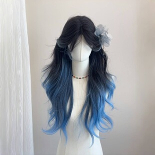 [Blue Iris] Black and Blue Gradient Big Wave Wig Paris Dyed Full Headgear Simulated Hair Wig for Women Full Head