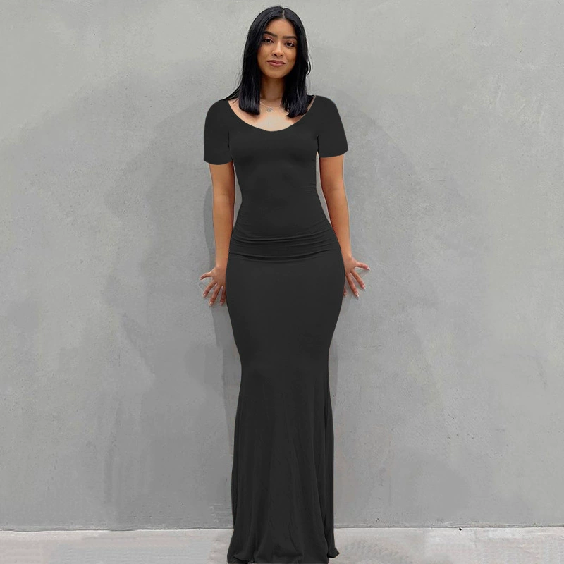 Платье для отдыха, боди, длинная юбка, 2022, европейский стиль, облегающий крой, с коротким рукавом