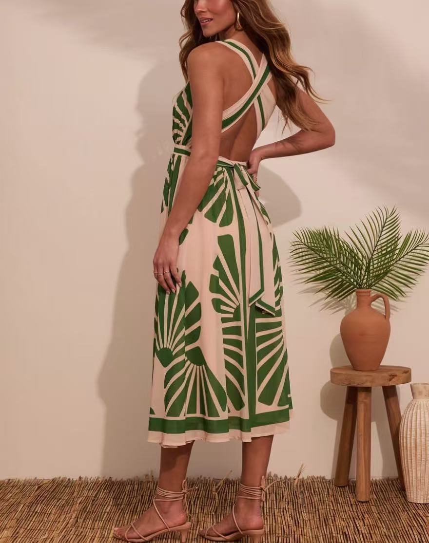 2025 Cross-Border Foreign Trade European And American Women's Clothing V-Neck Sleevel Bohemian Printed Long_ecoleips.com
