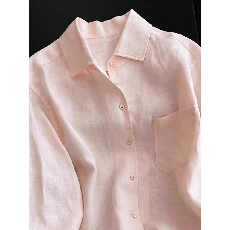 Áo sơ mi nữ linen dài tay thoáng khí chống nắng xuân hè — Mật đào bột chi tiết 3