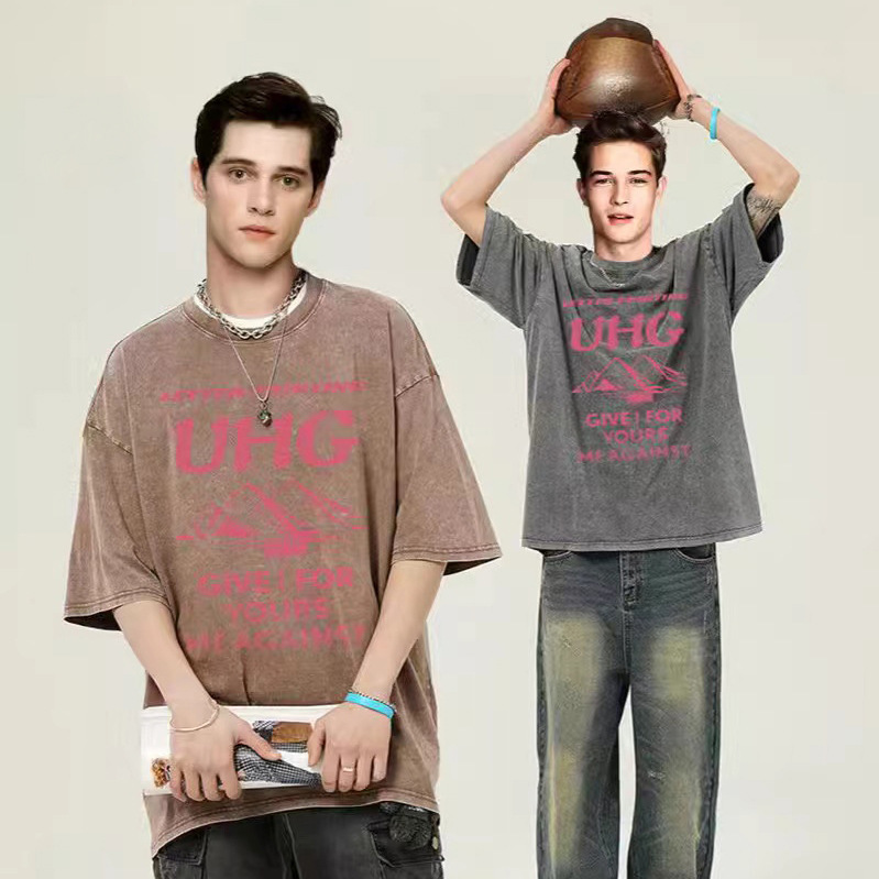 Cross-border hacer viejas camisetas de manga corta para hombres verano nuevo cuello redondo suelto oversize americano retro in camisas de moda
