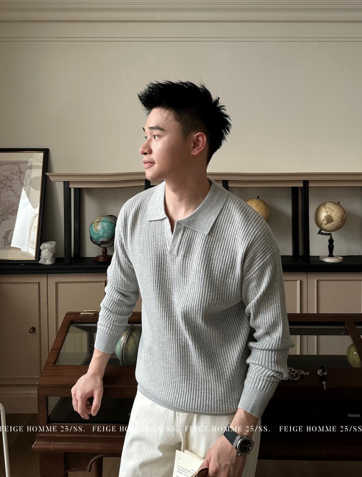 Lapel Sweater Men's Autumn and Winter Korean Style Loose Lazy Style Solid Color Pullover Long-Sleeved Sweater