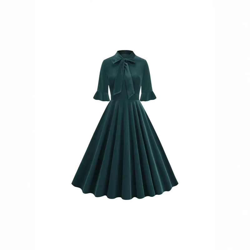 Amazon Cross-Border European and American Clothes Dress Short-Sleeved 2025 New Bow Retro Elegant Mid-Length Skirt