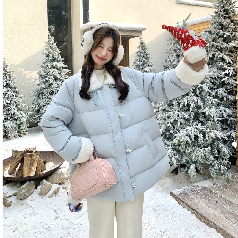Real Shot of Light Blue Plush Splicing Mid-Length down Jacket 2025 Winter Small Age-Reducing Warm 90 White Duck down Jacket