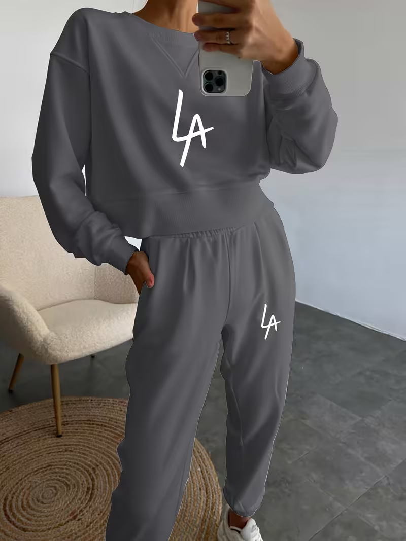 Women's Two Piece Set Fleece Lined Round Neck Casual Print Outfit_voghion.com