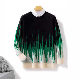 跨境外贸代发圆领套头针织衫男秋冬新款主推羊毛衫加厚宽松毛衣男