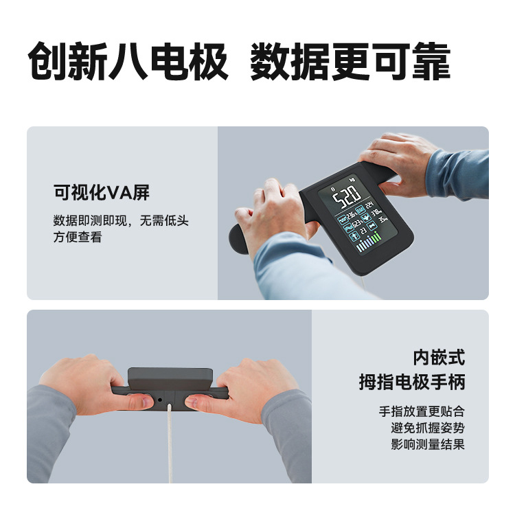 Colored display body fat scale with eight electrodes, Bluetooth-connected smart electronic scale, cross-border customization via app.