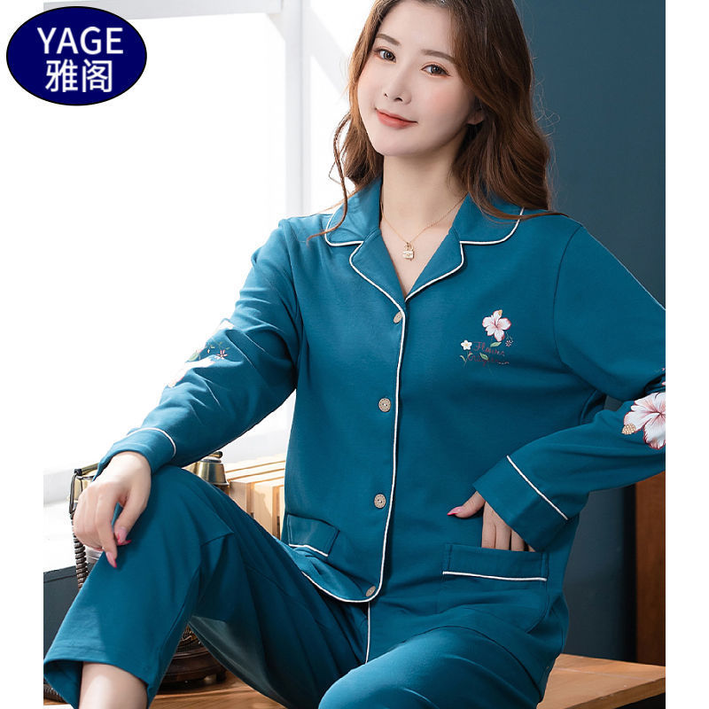 Pijamas de algodón Primavera y otoño de las mujeres chaqueta de manga larga traje de mediana edad y las madres mayores más tamaño al aire libre desgaste del hogar de invierno