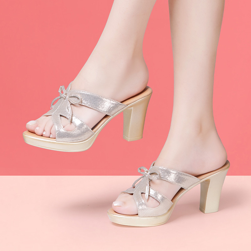 Mid-heel Chunky Heel Fashionable Outdoor For Women Gold 2025 New Thick-soled Versatile Large Size Peep-toe Slide Sandals_vogvips.com