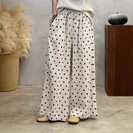 2025秋季新款休闲百搭砂洗亚麻波点印花松紧腰抽绳松紧腰阔腿裤女