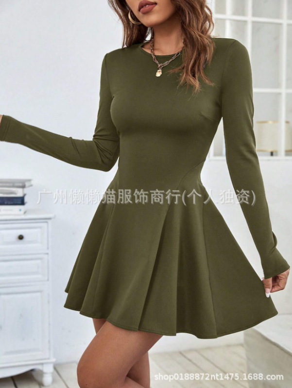 2025亚马逊跨境女装欧美简约纯欲红色连衣裙秋冬高腰修身中长款裙|undefined