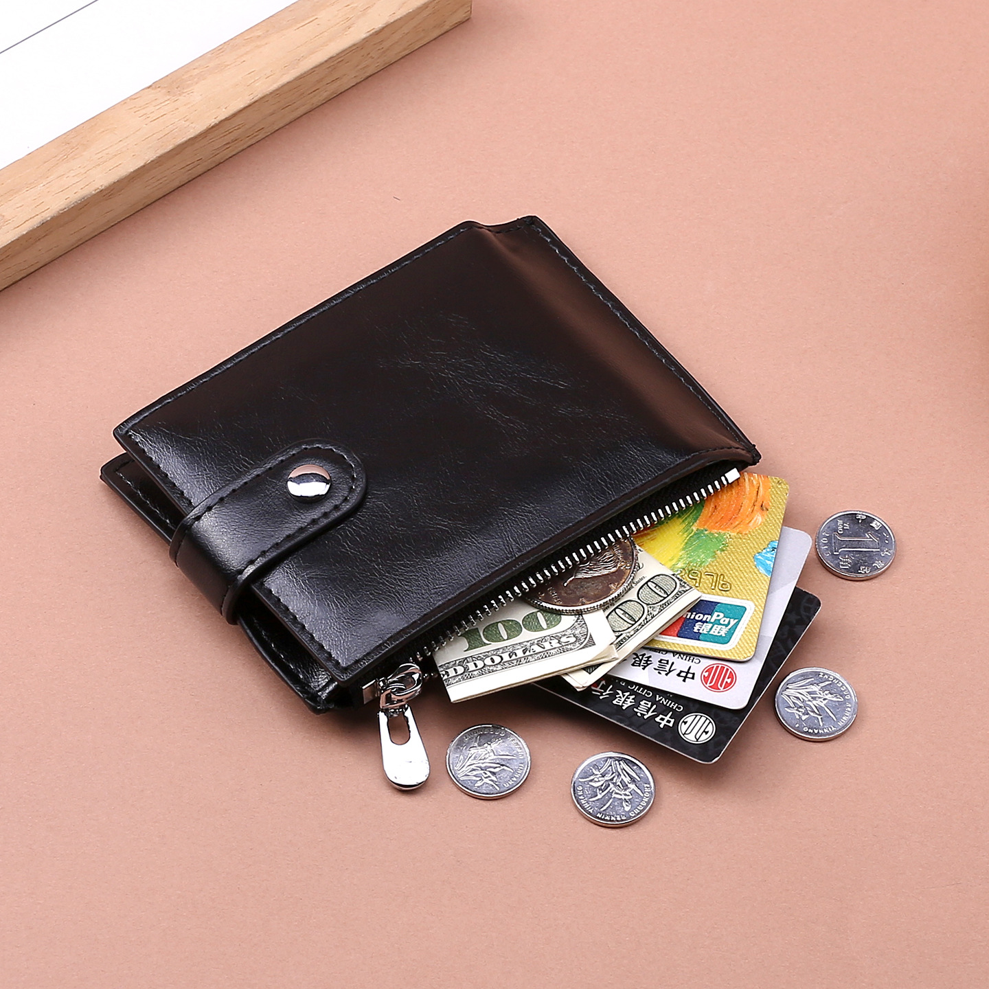 Cartera de cuero suave transfronteriza, cartera de cuero de caballo loco, cartera de dinero retrógrado, cartera de cambio horizontal con botón, cartera de pick-up suave