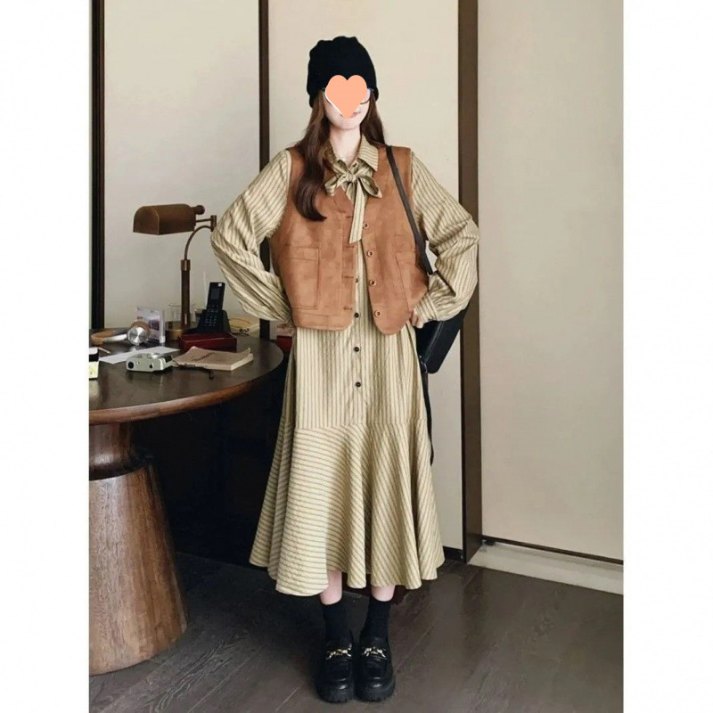 开春穿搭一整套2025春季新款长袖条纹衬衫连衣裙套装女马甲两件套|undefined