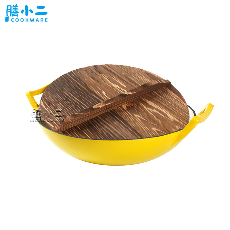 エナメル鍋36cm炒め鍋鋳鉄エナメル厚手両耳炒め鍋木蓋付きcast ronwok pan|undefined