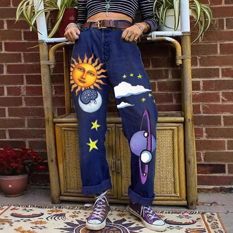 2406*太阳月亮星星外贸少女嘻哈牛仔裤女印花宽松牛仔长裤外贸款