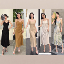 2025夏季吊带连衣裙女醋酸彩绘印花气质通勤面料吊带裙性感长裙