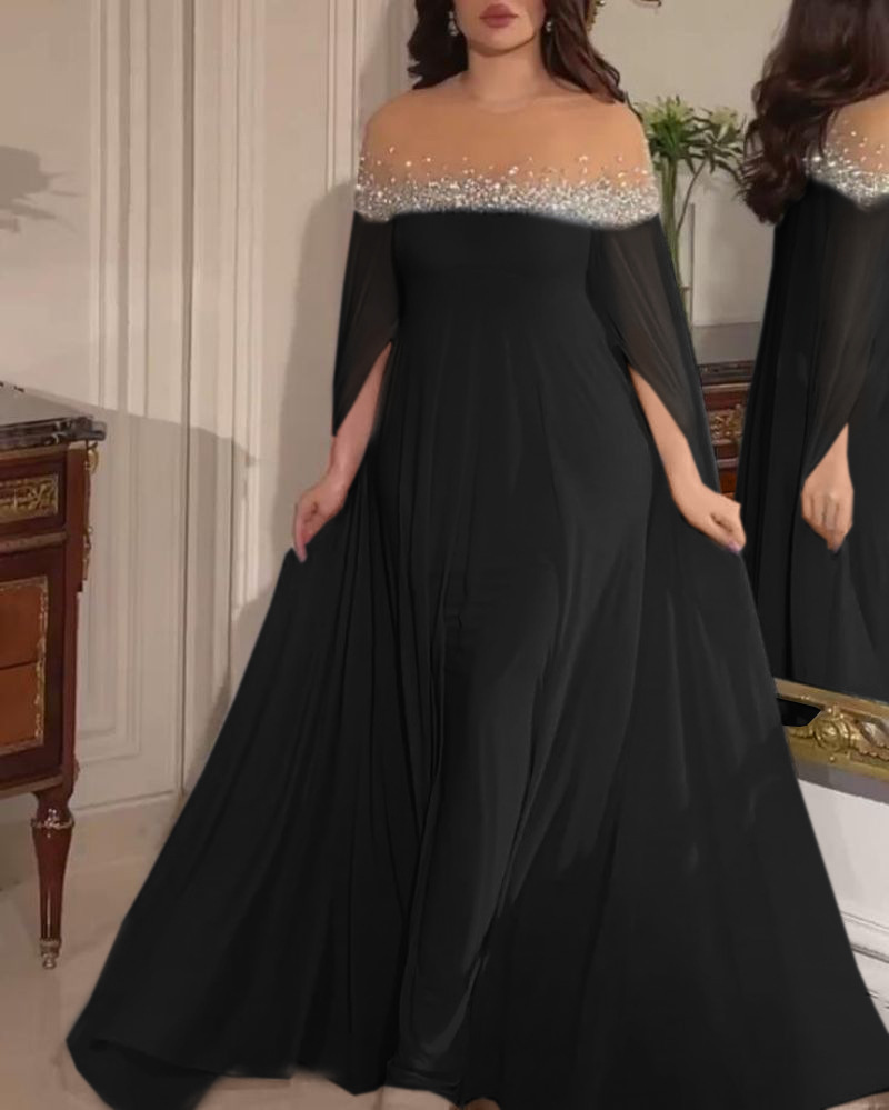 Elegant aftenkjole for damer med perler og stein i chiffon_voghion.com