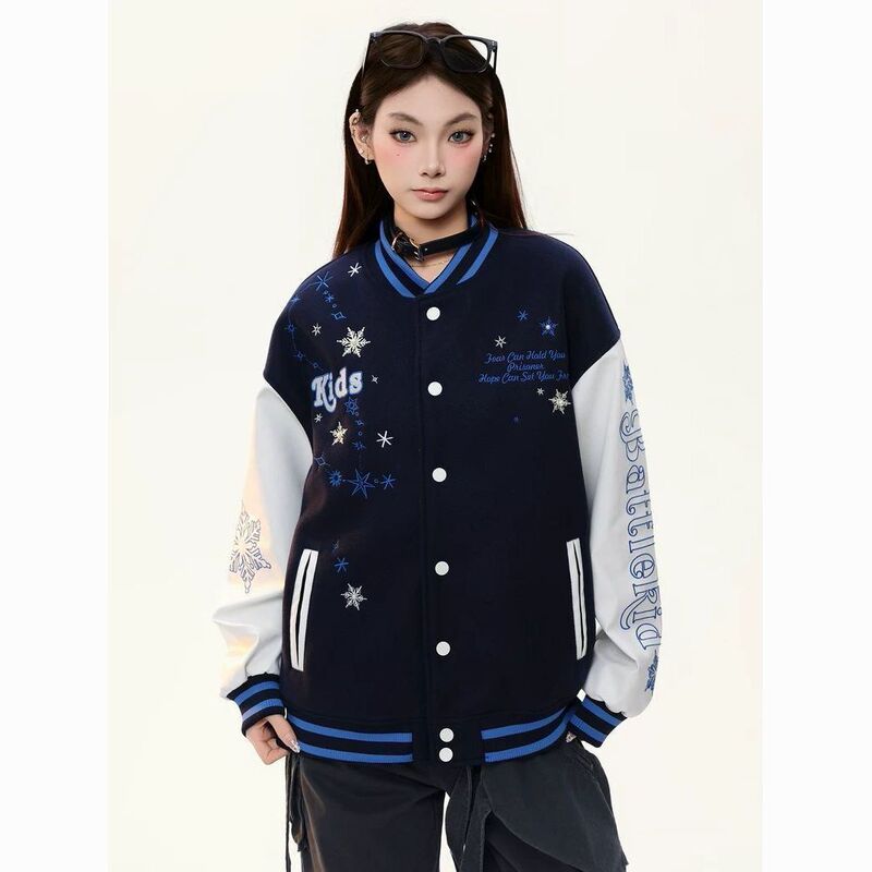 American high street style shell snowflake baseball jacket, spring and autumn loose coat for students, women's retro couple's loose jacket American high street style shell snowflake baseball jacket, spring and autumn loose coat for students, women's retro couple's loose jacket