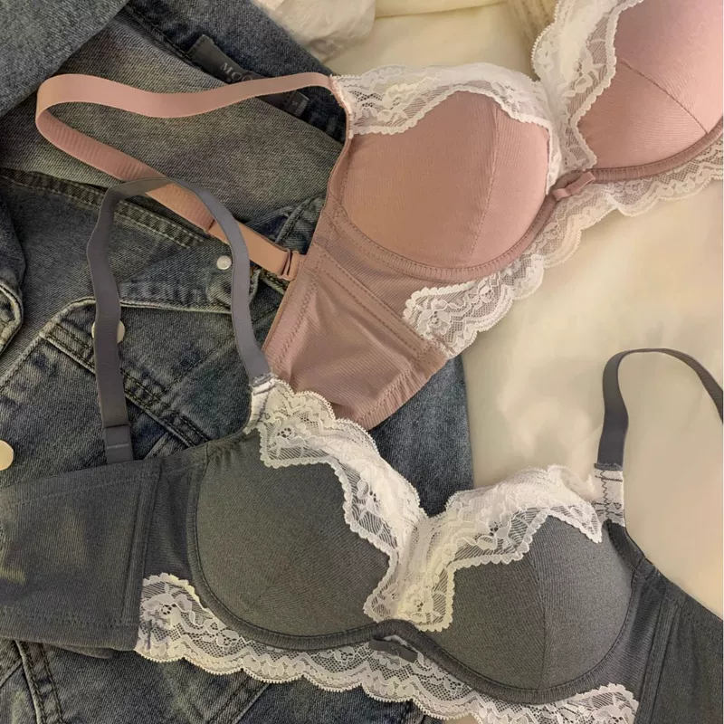 Cute underwear, push up bra, supporting wireless bra, lace bra top, set, french style