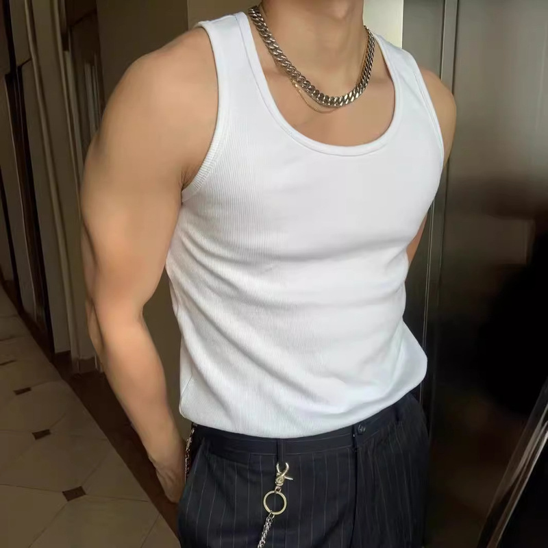 Heavy Thick Threaded Vest Men's White Round Neck Large Size Tight-Fit Elastic Sports Fitness Breathable Sweat Absorbing Hurdle Trendy