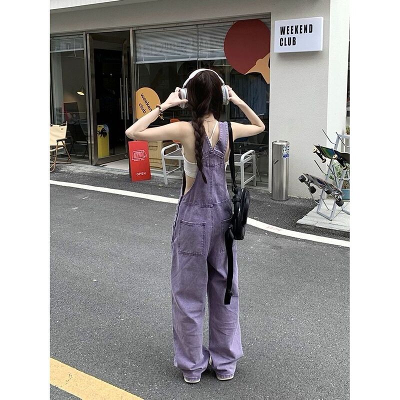 Spring and Summer Women's Retro Purple Straight-Leg Overalls High-Waisted Loose Slimming Wide-Leg Denim Jumpsuit Age-Reducing