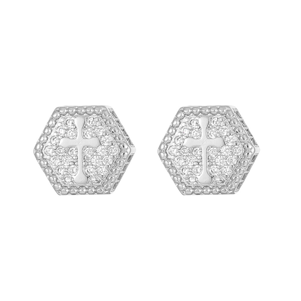 Cross Zircon Hip Hop Stud Earrings For Men Gold Plated Hexagonal_voghion.com