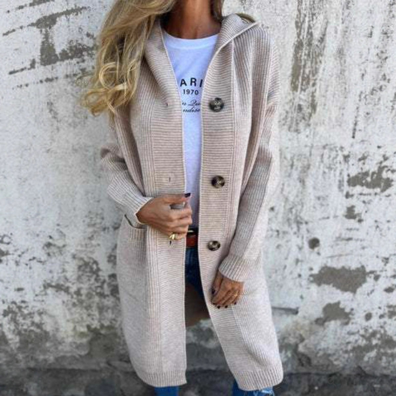 European and American Cross-Border Export Women's Autumn and Winter Sweater Cardigan Fashionable Long Hooded Knitted Jacket with Pockets and Buttons for Women European and American Cross-Border Export Women's Autumn and Winter Sweater Cardigan Fashionable Long Hooded Knitted Jacket with Pockets and Buttons for Women