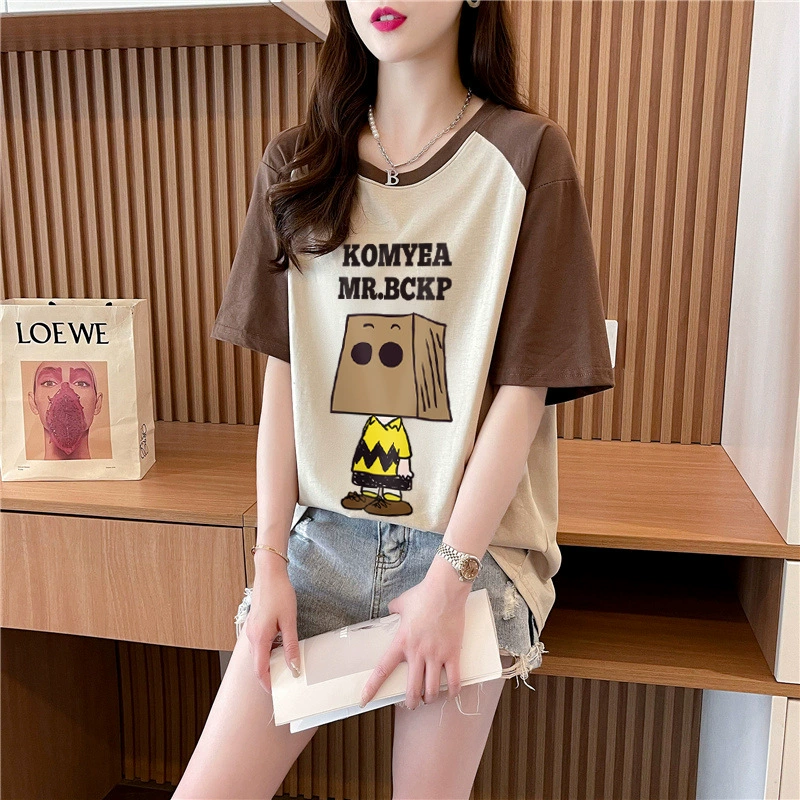 Женская хлопковая футболка с коротким рукавом реглан с принтом и заниженными плечами, новый летний топ средней длины с короткими рукавами, оптовая продажа 2020