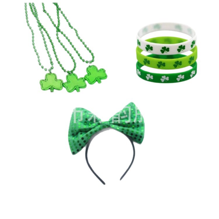 Accesorios transfronterizos del día de San Patricio conjunto de gorras de trébol correa de hombro cadena de cuentas decoración del día de Irlanda