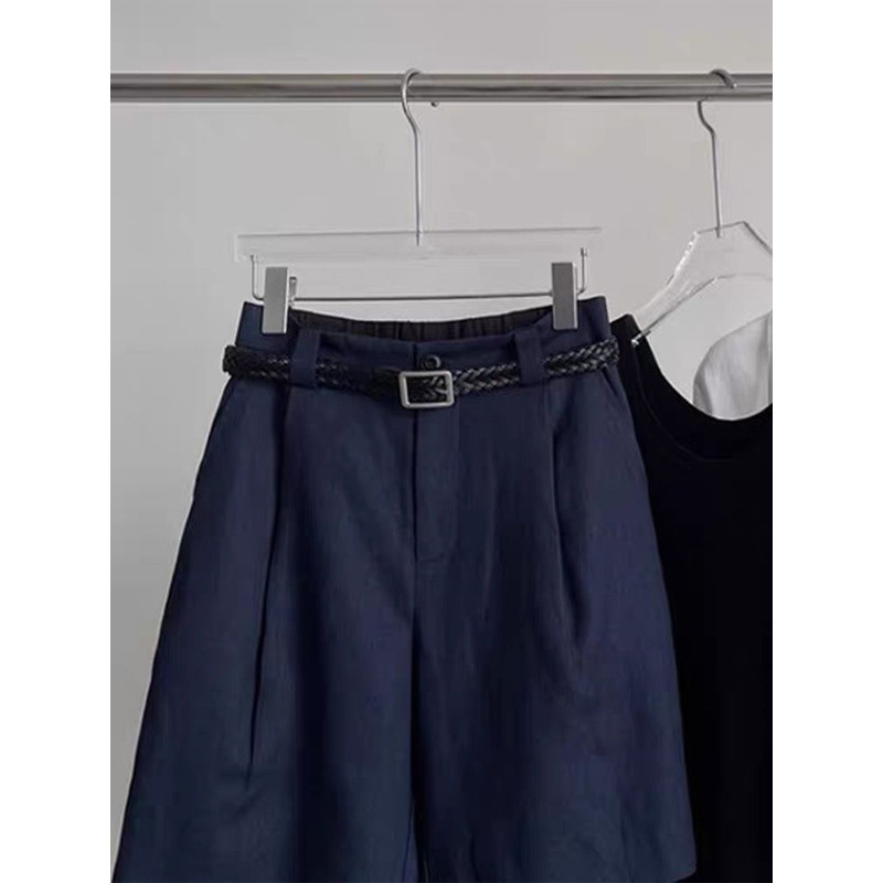 Quần short nữ cạp cao vải lanh cotton mùa hè dáng rộng thoải mái — màu xanh navy chi tiết 7