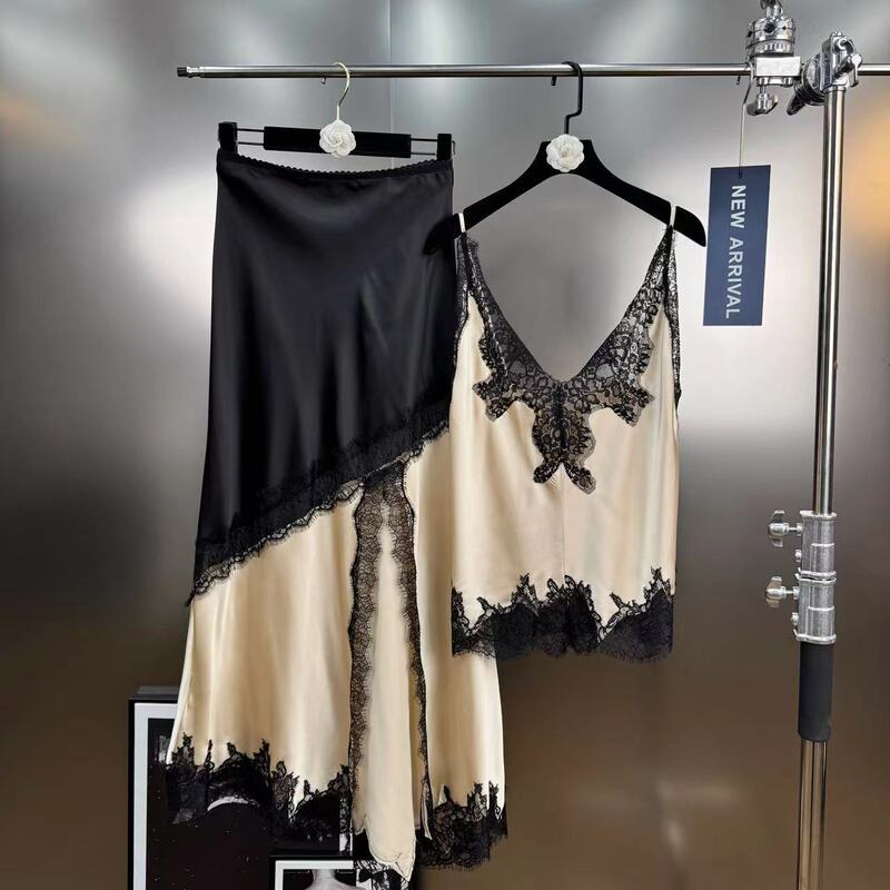 Yuzu Mm2026 Spring and Summer Lace Patchwork Camisole Paired with Acetate Skirt, French Elegant Style Two-Piece Set