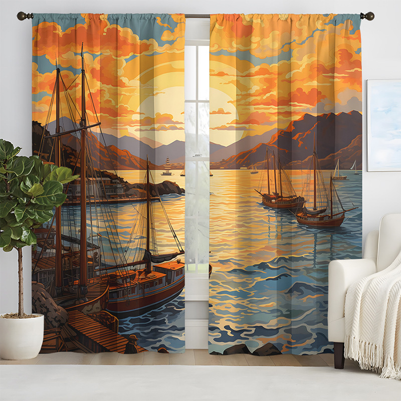 2PCs new fishing village Wharf pattern curtain cross-border manufacturers supply living room bedroom 3D digital printing curtain