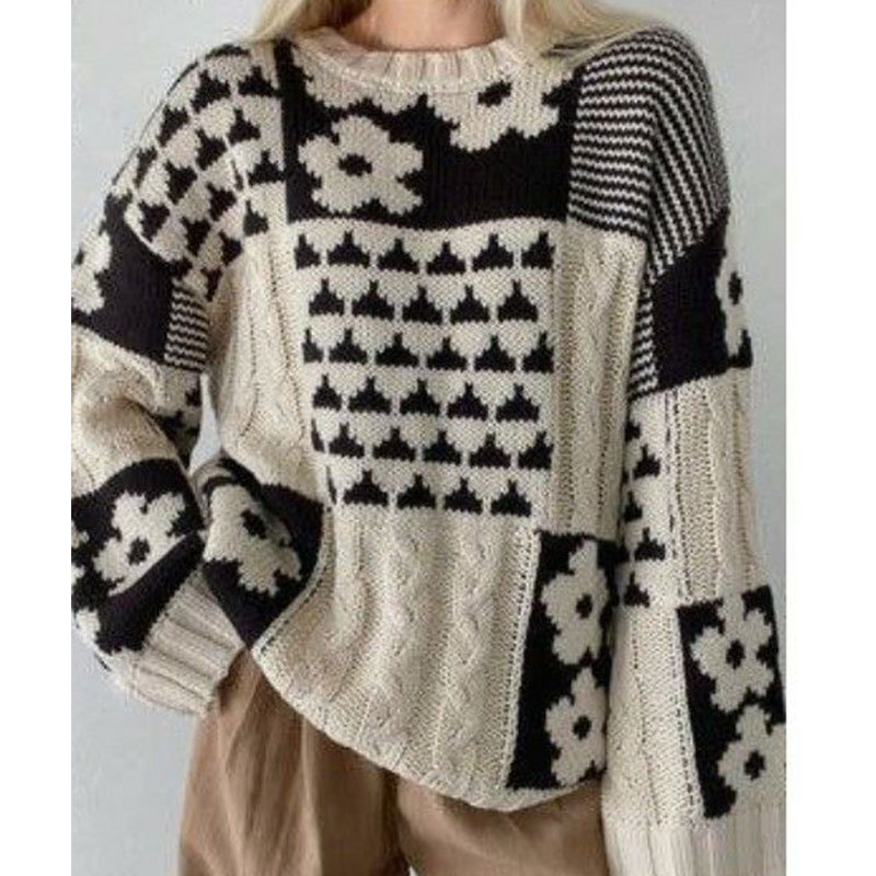 Women's Clothing autumn and winter sweater women's clothing square flower casual loose round neck pullover sweater_voghion.com