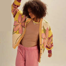 欧美跨境2025秋冬新品针织衫抽象印花翻领宽松长袖女装毛衣