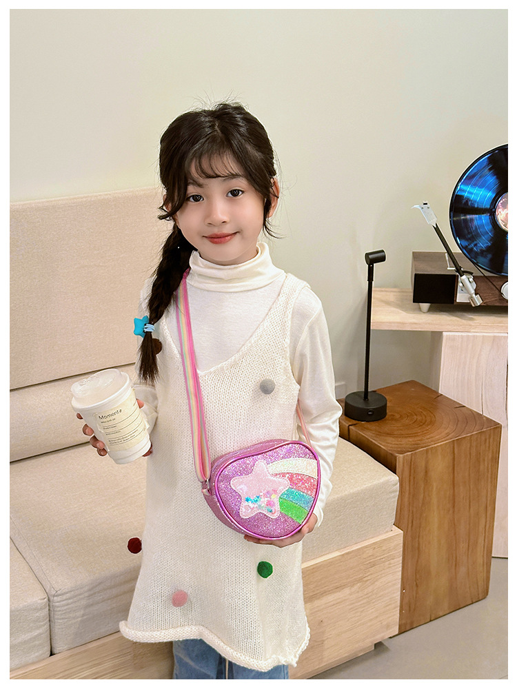 178g Weight Polyester Lining Material Zipper Closure Type Single Shoulder Strap Strap Type Shoulder Bag, Crossbody Bag Bags Type Daily Occasion Pu Leather Material Star, Stripe Pattern All Seasons Season Kid'S Gender Cute Style Heart-shaped Shape Kid'S Pu Leather Star Stripe Cute Heart-shaped Zipper Shoulder Bag Crossbody Bag 13
