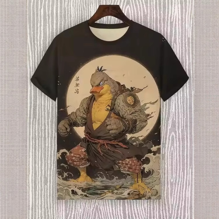 Tinta Jianghu Cat Dog Hero 3D Impresión digital Spot Moda callejera para hombres Camiseta de manga corta con cuello redondo y hombro