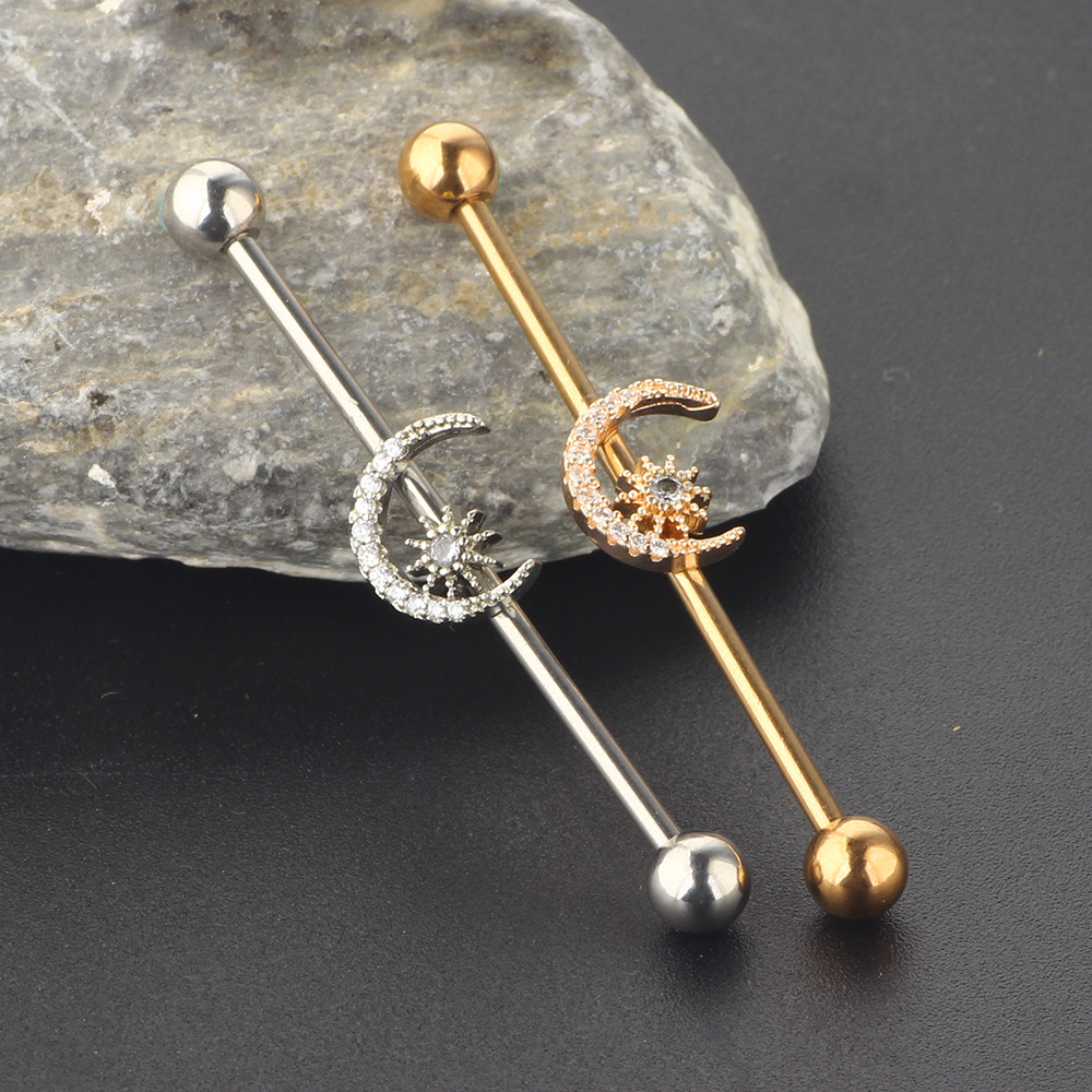 Long Row Diamond Moon Star Industrial Earring - Rose Gold Stainless Steel Cartilage Stud Ear Piercing Jewelry detail image 7